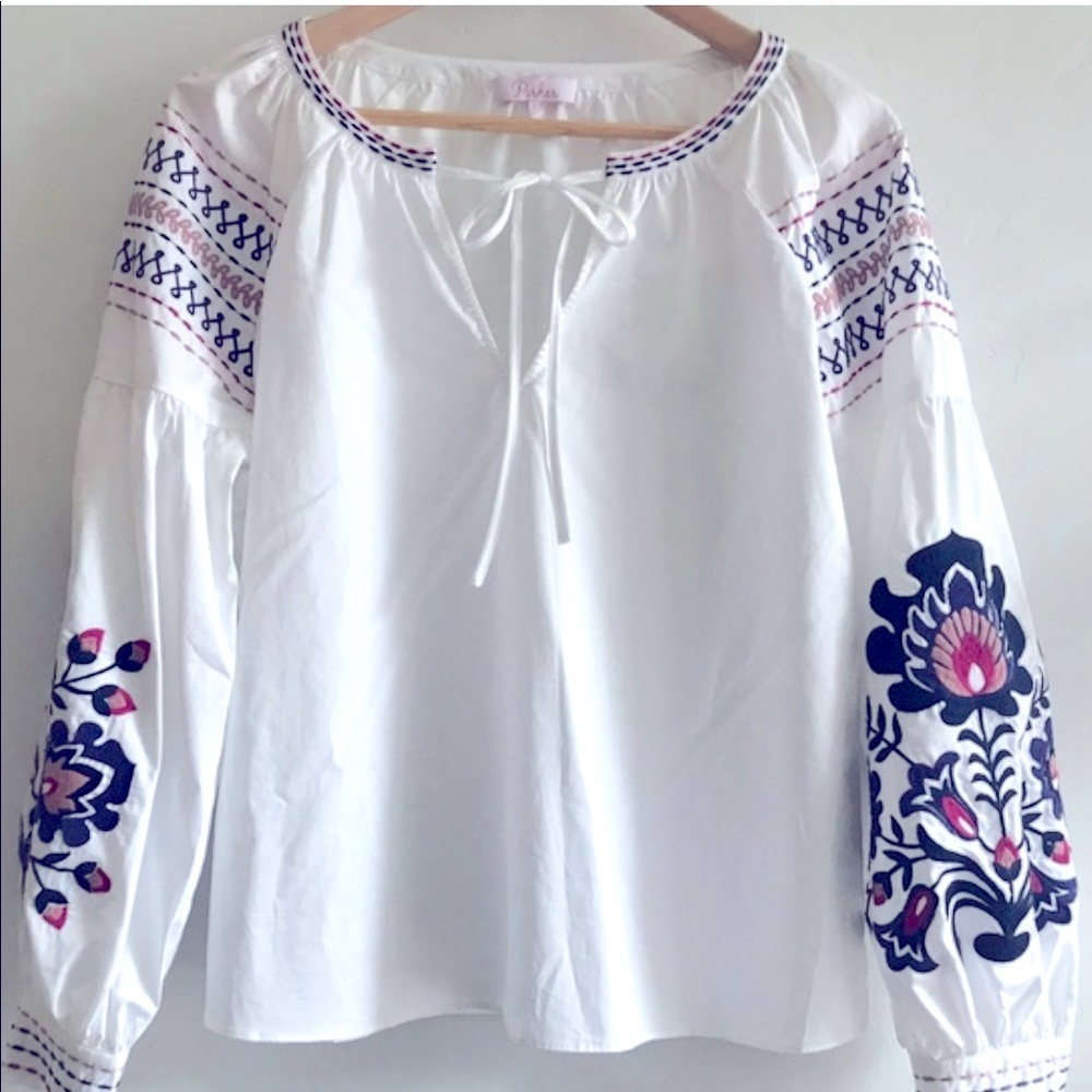 Parker Marcianna Top in White Embroidered White Long Sleeve Blouse Size XS